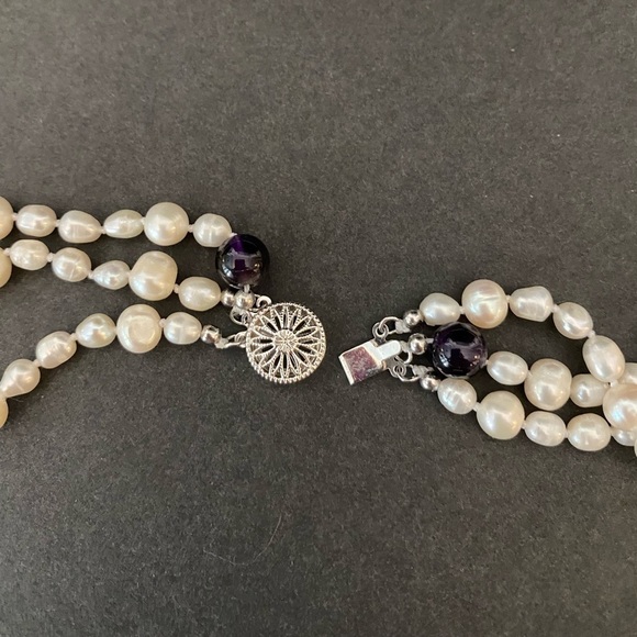 Triple strand cultured pearl & lapis necklace 20” classic old money timeless - Picture 13 of 13